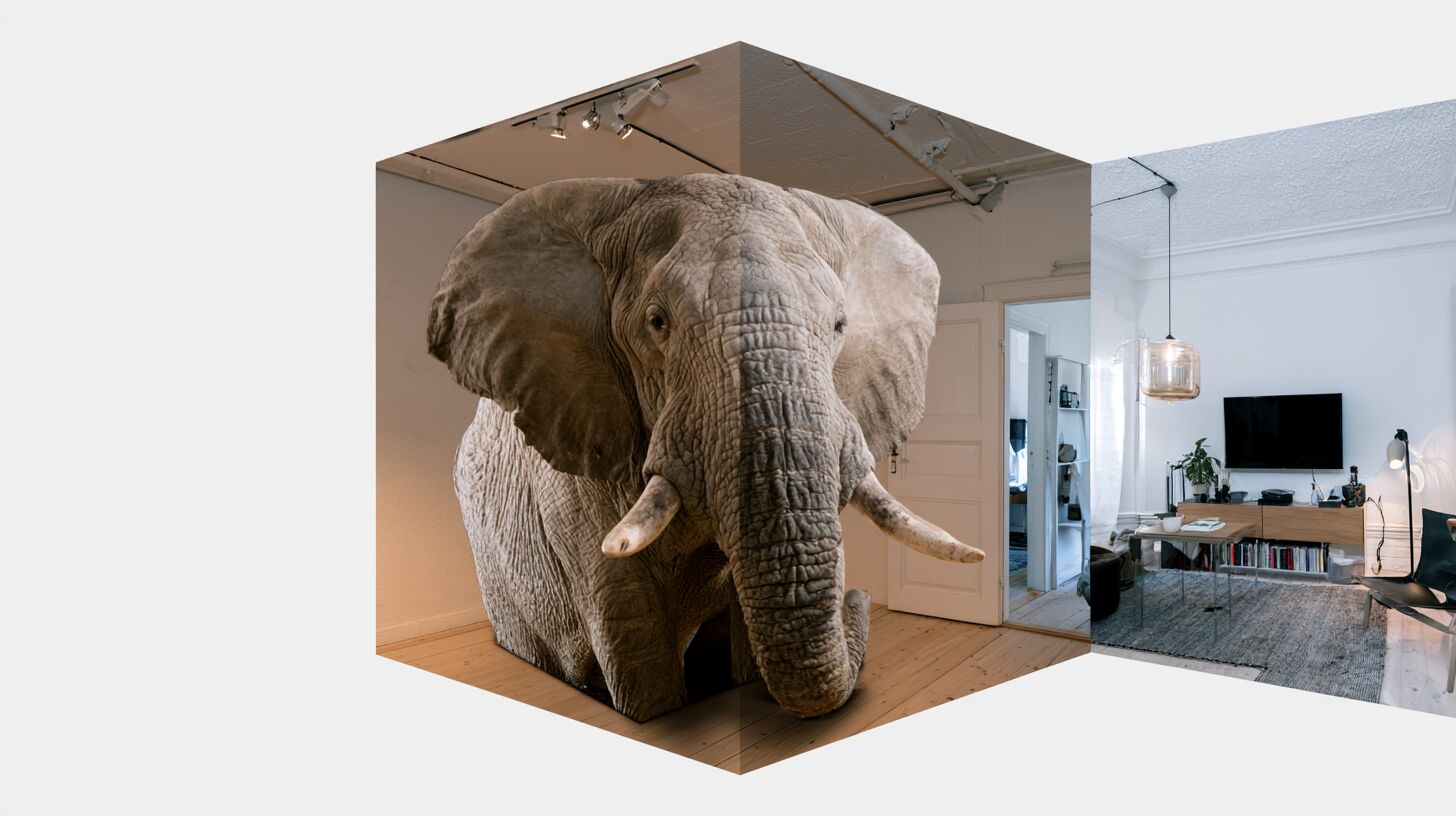 De olifant in de kamer: een olifant in een huiskamer, als metafoor voor de impact van AI op het ICT-vak